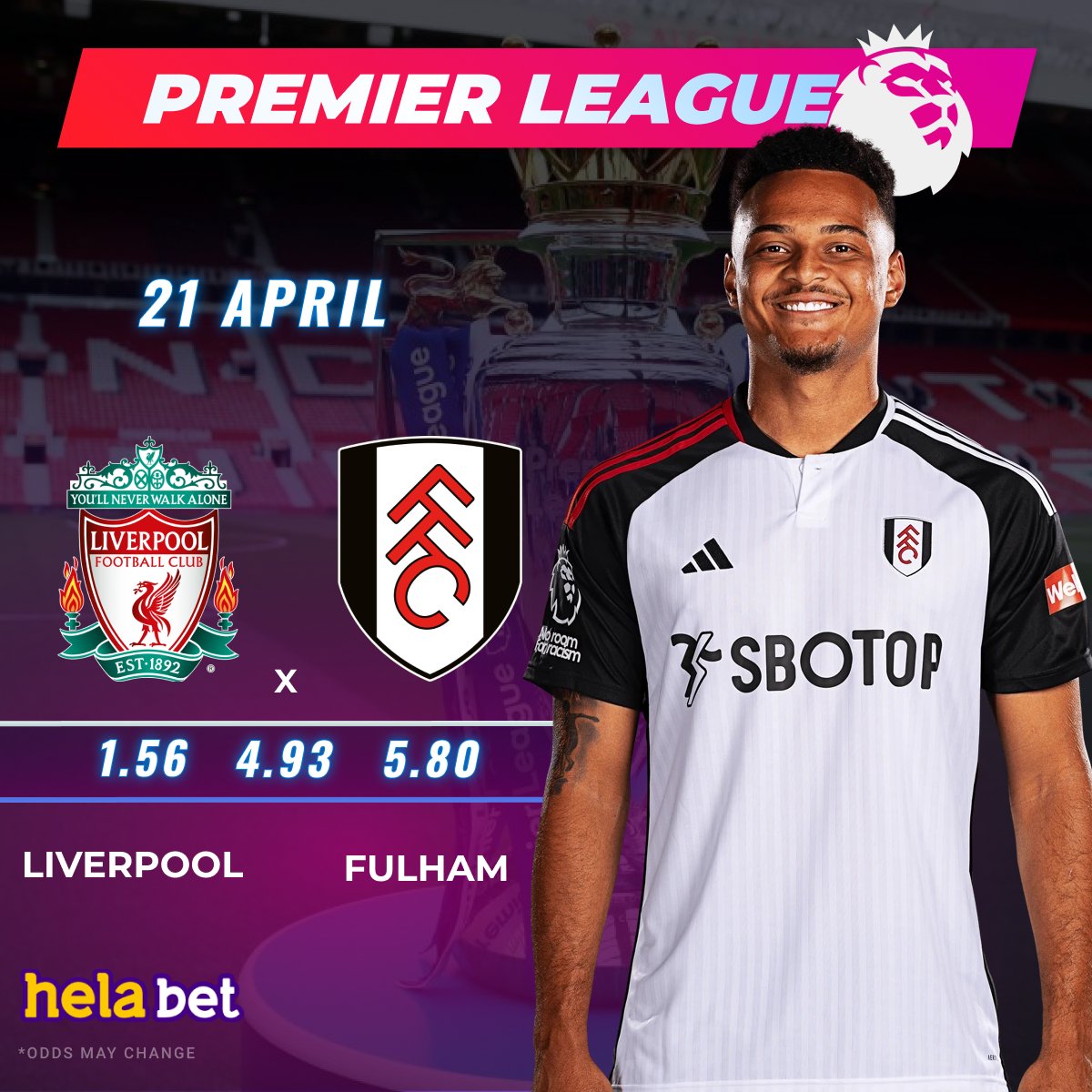 🇬🇧 Premier League 🦁 ⚽ #Fulham will play #Liverpool at home. 👉 Will the visitors be able to score three points today❓👍 Place a bet in #helabet 👉 cutt.ly/UwY8h1uG #epl #premierleague #betting #football