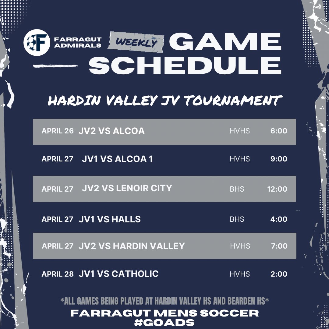 ⚓️ Week of April 22nd ⚓️ A busy week for our Admirals... 11 games this week between our 3 teams. Big district game against Hardin Valley will kick off our week! Come out and support your Admirals! ⚓️
