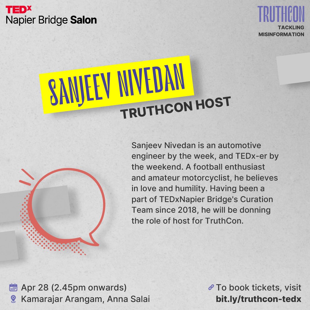 Meet Sanjeev Nivedan, the host of #TruthCon - A #TEDxNapierBridgeSalon event scheduled to take place on April 28th at Kamarajar Arangam. He is also a curator of TEDxNapier Bridge

Tickets 🎟️ bit.ly/truthcon-tedx

 #TEDx #IdeasChangeEverything #TEDxNapierBridge #Chennai
