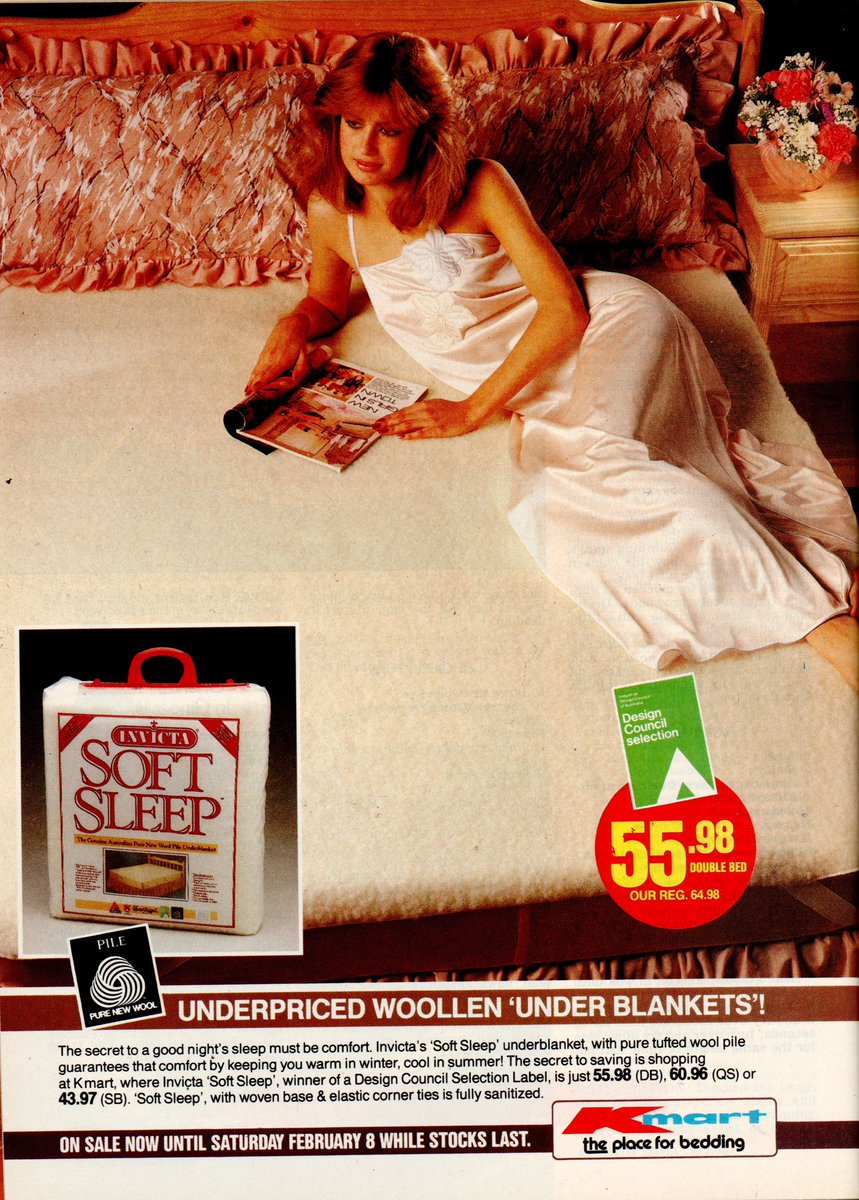 'The secret to a good night's sleep must be comfort. Invicta's 'Soft Sleep' underblanket, with pure tufted wool pile guarantees that comfort by keeping you warm in winter, cool in summer!...' (x.com/LaurenRosewarn…) Kmart 'the place for bedding'. New Idea, 1986.