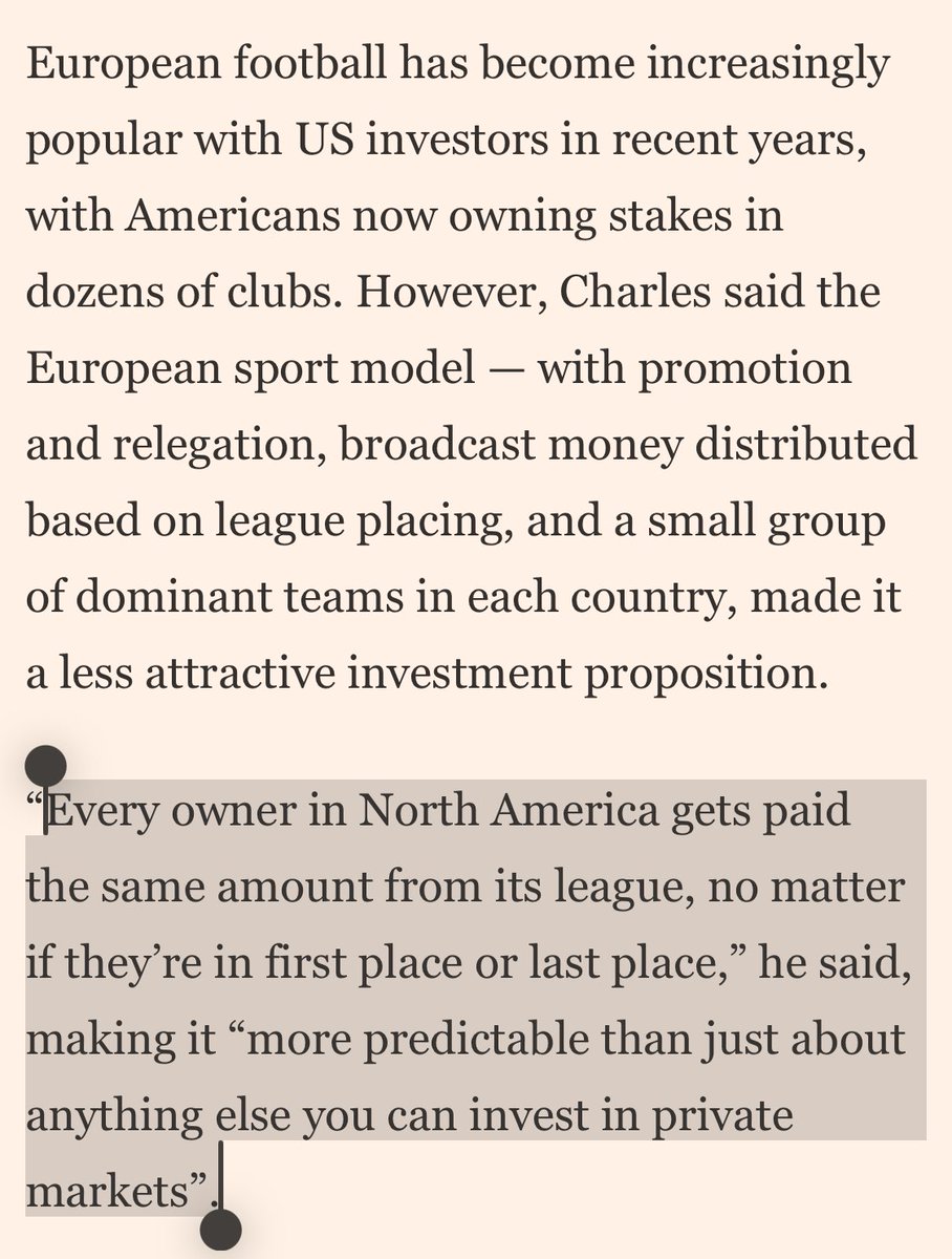 private equity prefers US sports leagues because of socialistic structure. European soccer too meritocratic: on.ft.com/4d6RlFJ