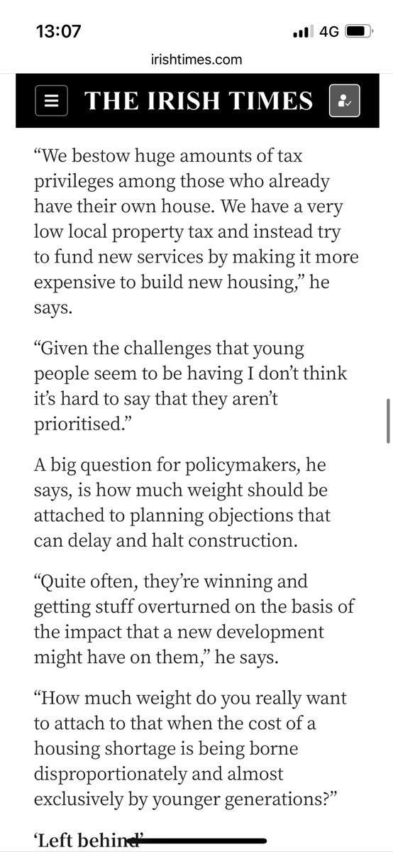 Am quoted in Jack White’s piece in @IrishTimes about how the housing crisis is affecting young adults. Made the point that tax and planning policy heavily favours existing homeowners. Making it cheaper & easier to build new housing is essential if we want to address the crisis.