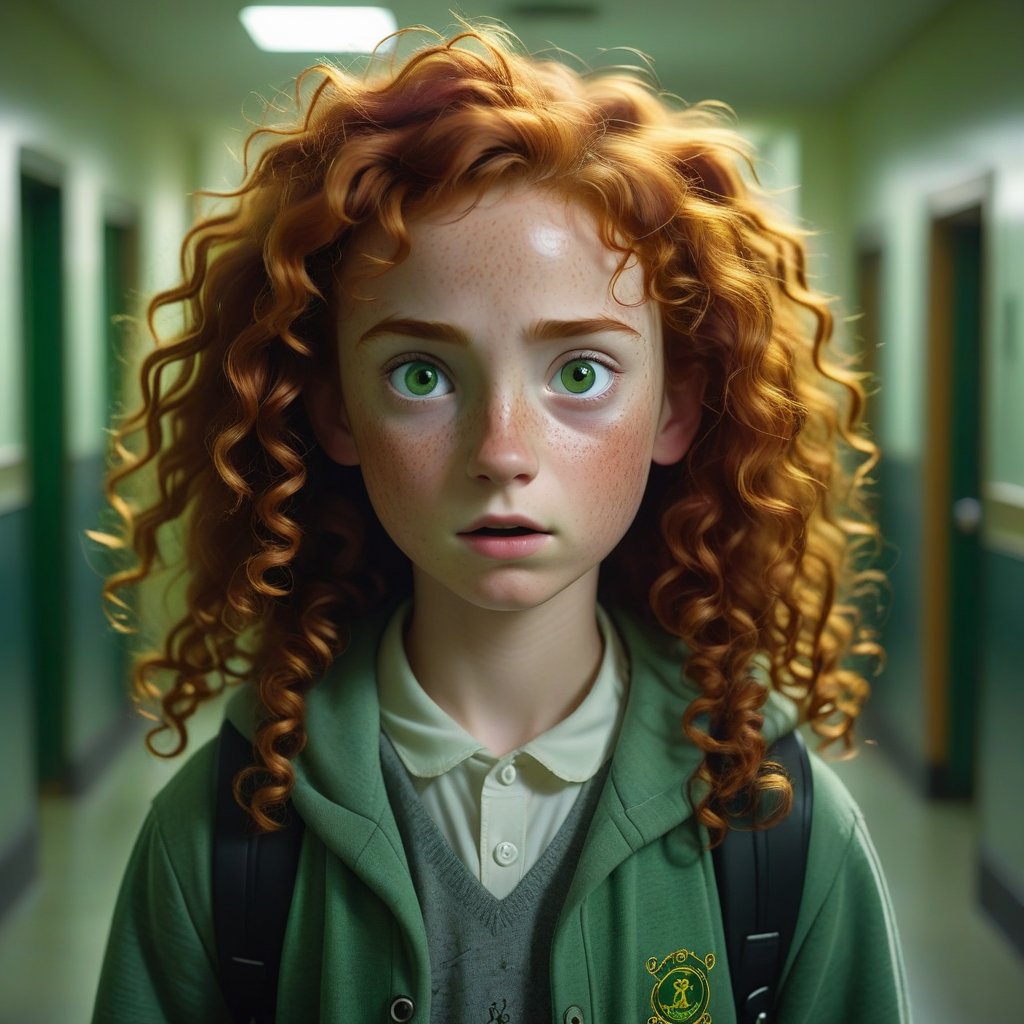 In this haunting 8K masterpiece, shot with a cinematic 50mm f/1.8 lens, a 12-year-old girl with fiery red curls and a smattering of freckles emerges from the eerie fog enshrouding a school hallway. Her piercing green eyes betray a mix of curiosity and trepidation.