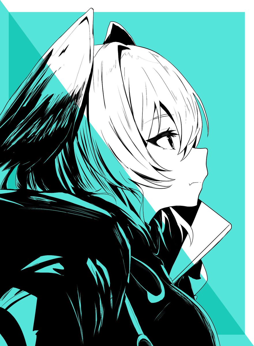 ho'olheyak (arknights) 1girl solo simple background hair between eyes closed mouth upper body monochrome  illustration images
