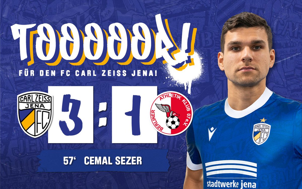 fccarlzeissjena's tweet photo. 57'
TOOOR FÜR DEN FCC!
Und Bude Nummer zwei in zwei Minuten.
Cemal Sezer! Nach Vorlage von Elias Löder vollendet er problemlos.
3:1 #FCCBAK https://t.co/g3Jp0l7NSp