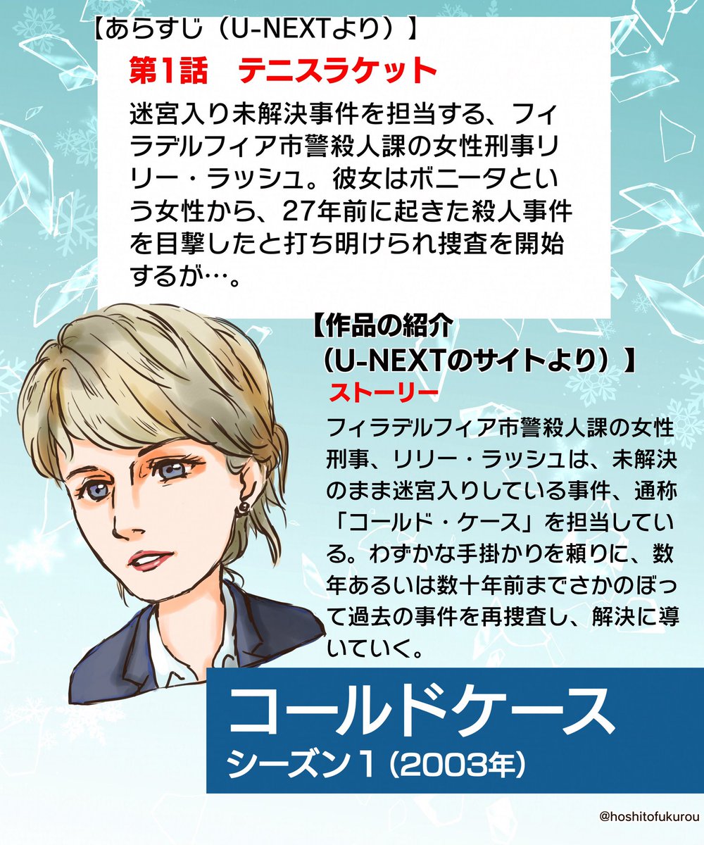 ドラマ
『コールドケース』
シーズン１、2003年、全23話
（各話完結型）

第1話『テニスラケット』

超有名作品！
存在は知っていましたが、初見です〜。

何十年前の事件を、超絶美人な刑事が解決していくという設定。
リリー、冷静でかっこいいね😊

→