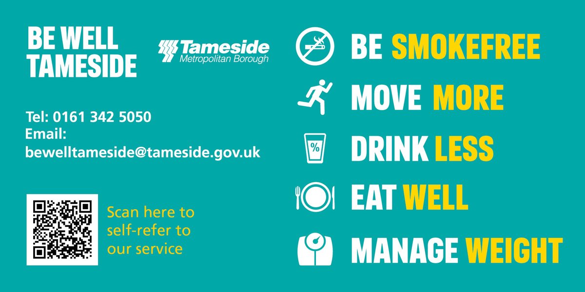 Fancy some free support to improve your health and well-being? Our service can help you with: 🚭 Be Smoke free 🏃 Move More 🍻 Drink Less 🍎 Eat Well ⚖️ Manage Weight Give us a call 0161 342 5050 or visit 👇 tameside.gov.uk/bewelltameside