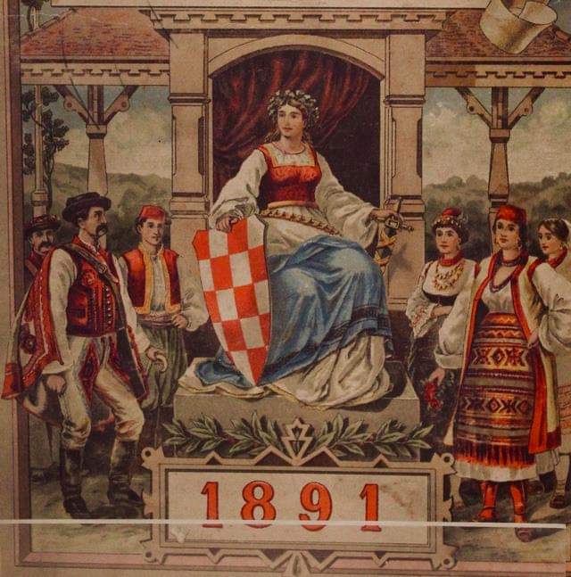 The beautiful illustration from the Croatian calendar from 1891, on which we can see the woman, allegory of the nation, holding a checkered shield called šahovnica, one of the symbols of Croatia historically recorded since 1495 🇭🇷