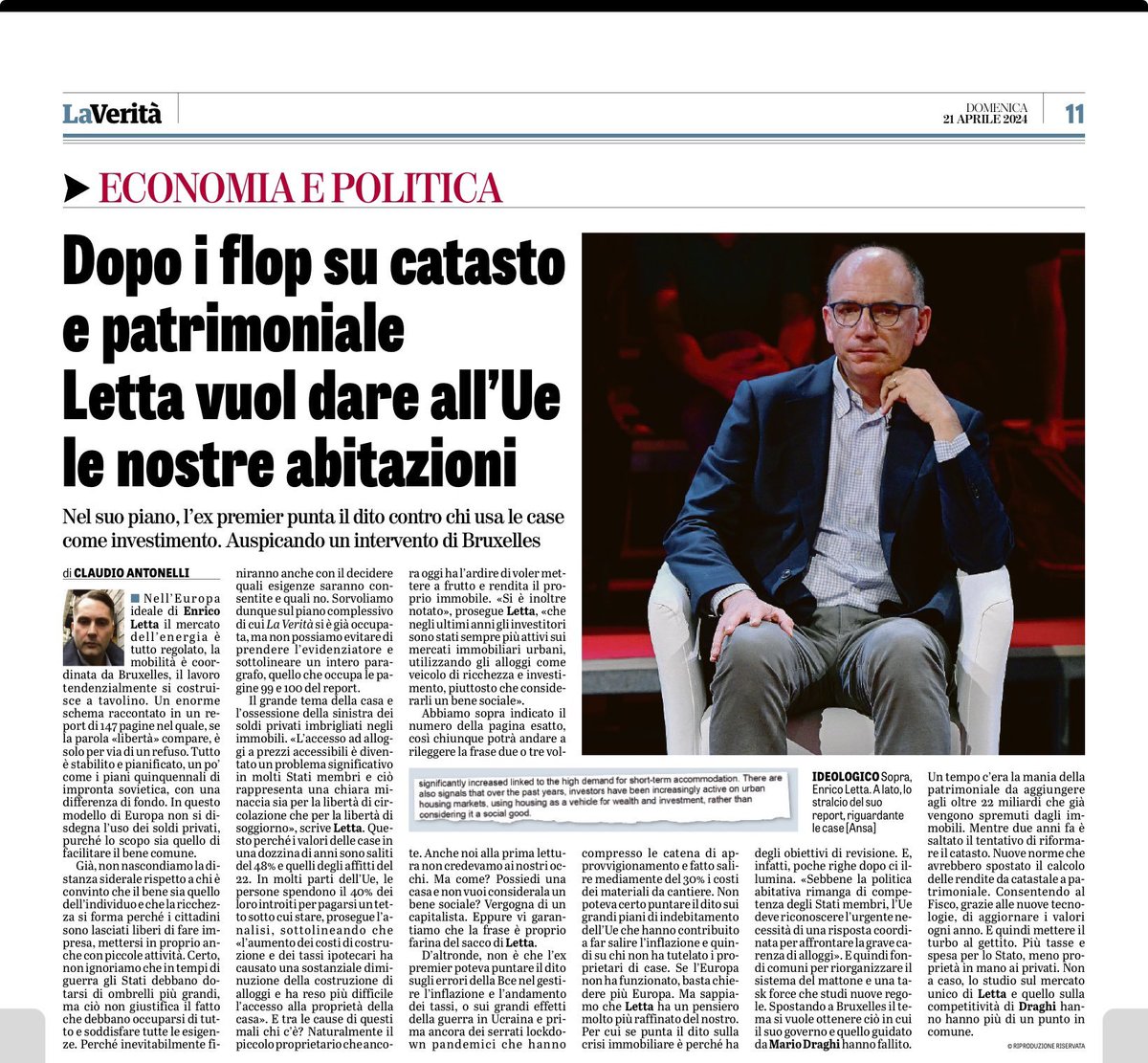 LA CASA E' L'OSSESSIONE DELLA SINISTRA VASSALA DI BRUXELLES. E @EnricoLetta esprime perfettamente questa ossessione. Non basta il controllo, l'energia gestita, le case degli Italiani danno fastidio. Siamo in Europa in primi proprietari di case. Coi ha provato Draghi a modificare