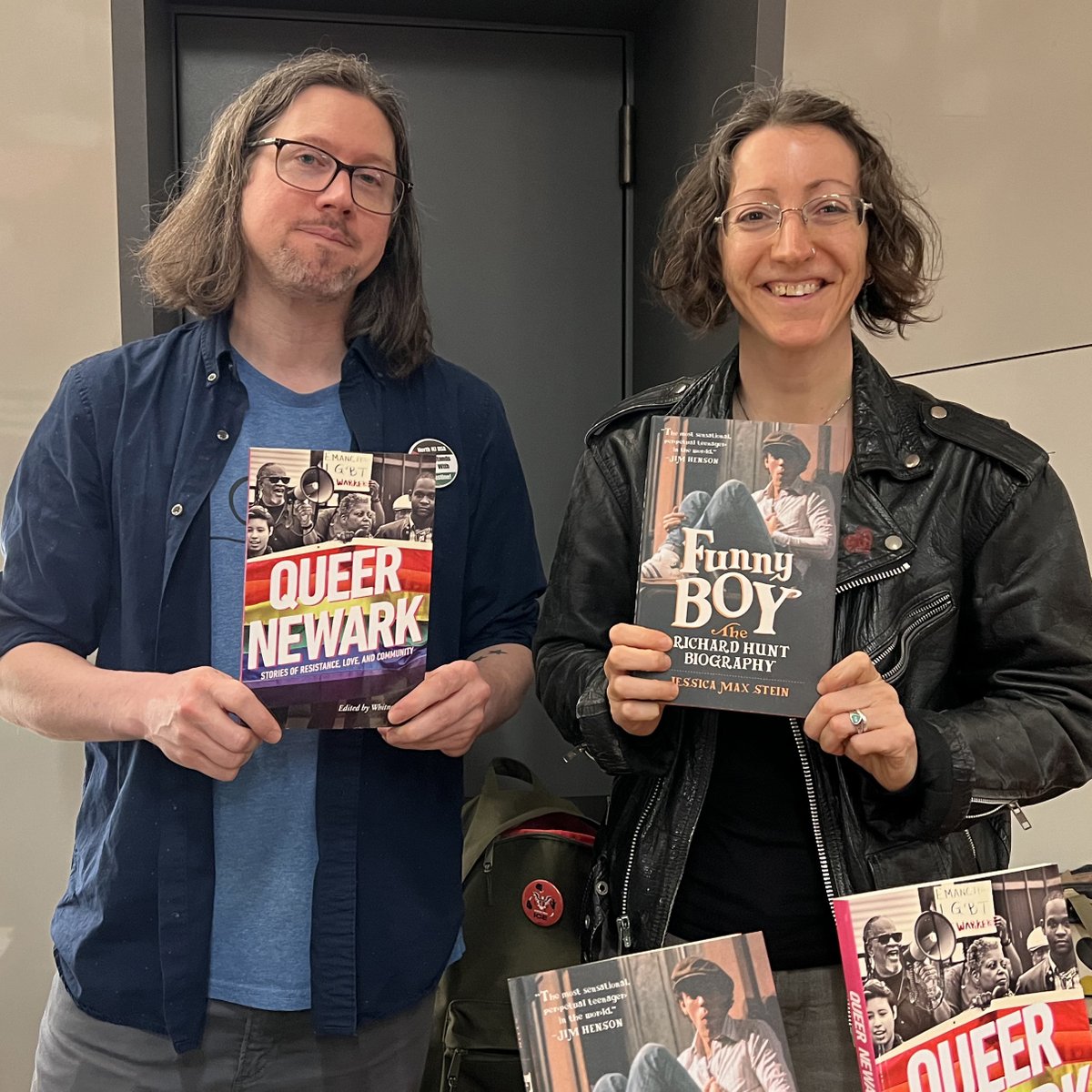 Whitney Strub, editor of 'Queer Newark: Stories of Resistance, Love, and Community,' and Jessica Max Stein, author of 'Funny Boy: The Richard Hunt Biography,' at our exhibit table at the Rainbow Book Fair. rutgersuniversitypress.org/queer-newark/9… rutgersuniversitypress.org/funny-boy/9781… #RainbowBookFair #LGBTQ