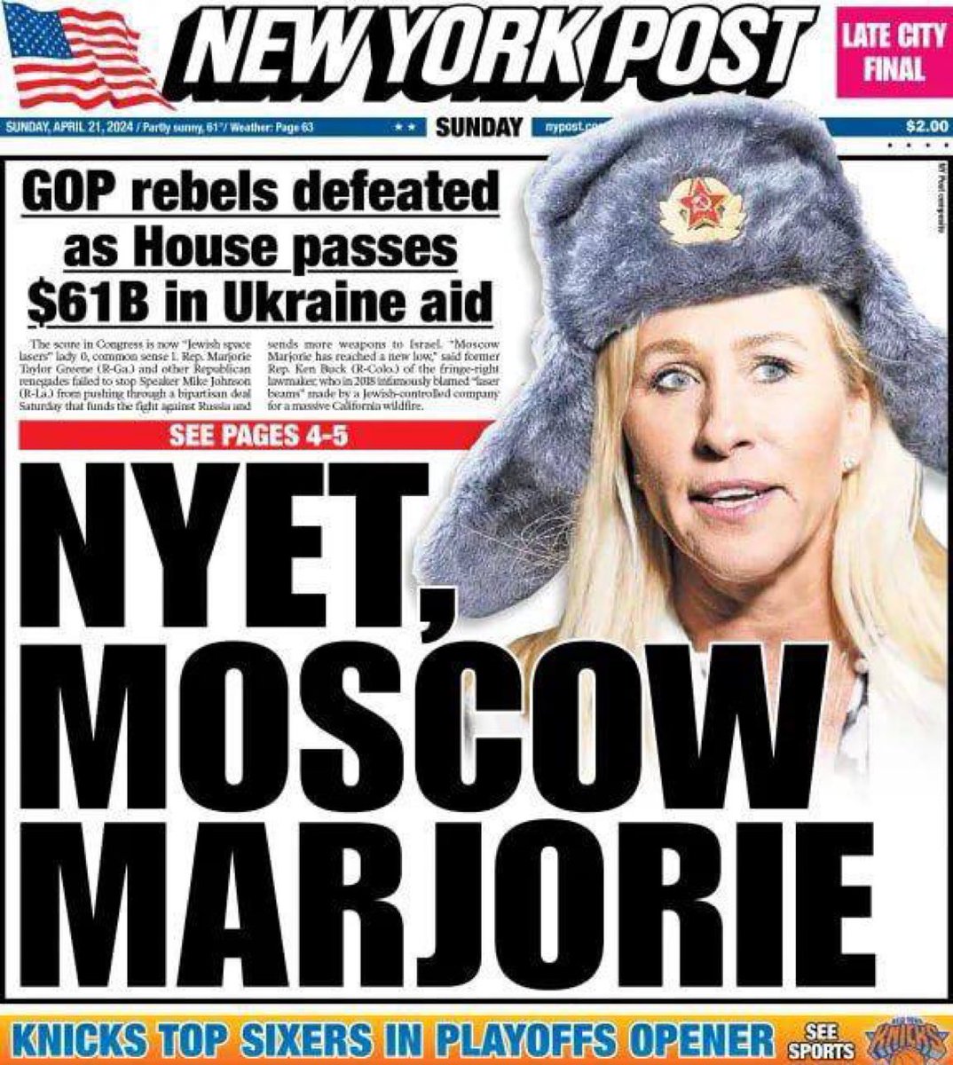 The New York Post front page today #GOPClownShowContinues #MoscowMajorie #MajorieAsset #RussianAsset #NYpost