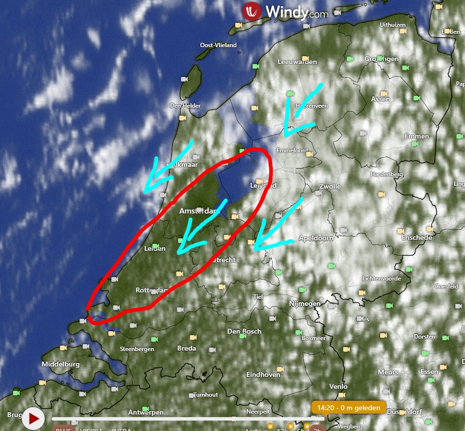 Noord en Zuid-Holland profiteren van het invloed van het relatief koude water van Markermeer en IJsselmeer. Stroomafwaarts van het water zien we een strook met weinig (stapel)wolken.