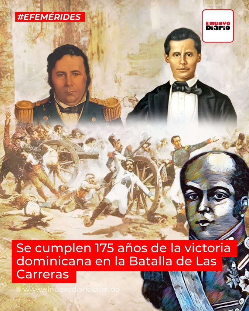 elnuevodiariord's tweet photo. 🇭🇹🇩🇴 En este día, en el año 1849, tuvo lugar una de las batallas más significativas en la historia de la República Dominicana: la Batalla de Las Carreras, la cual ocurrió tras la guerra de Independencia dominicana.

📍 La confrontación se desarrolló en un pequeño valle en la región Sur, cerca del río Ocoa, en las cercanías de Baní, lugar que desde entonces lleva el nombre de Las Carreras.

👥 Pedro Santana planificó la batalla de Las Carreras en su cuartel general en Sabana Buey, con la formación dominicana de cuatro columnas de ataque, tres de ellas comandadas por coroneles seibanos.

🗡️ Santana dirigió sus valientes tropas desde un lugar preponderante, y con Francisco del Rosario Sánchez a su diestra, evaluó antes y durante la refriega todas las alternativas de su desarrollo, con la pericia de un consumado estratego.

👴🏿 Bajo el liderazgo del general Faustino Soulouque, las fuerzas haitianas lanzaron su ataque alrededor de las 4:00 de la tarde, empleando fuego de preparación seguido de un intento de avance con tropas de infantería y caballería.

🇭🇹🇫🇷 Soulouque creía que un acuerdo con Francia otorgaría a esta última el control de la Bahía de Samaná, ya que esta región era vital para Haití porque tenía la intención de utilizar sus recursos para pagar la deuda contraída con Francia en 1825.

🇩🇴 La Batalla fue ardua y agotadora, culminó con un asalto al arma blanca en el que participaron el coronel Francisco Domínguez, el teniente coronel Blas Maldonado, el teniente coronel Marcos Evangelista y el teniente coronel Antonio Sosa.

🙌🏻 La derrota sufrida por Soulouque el 21 de abril de 1849 marcó el fracaso de su intento de recuperar el territorio de la República Dominicana.

Fuente: Agustin Medrano, profesor de historia

#ElNuevoDiarioRD #Efemerides