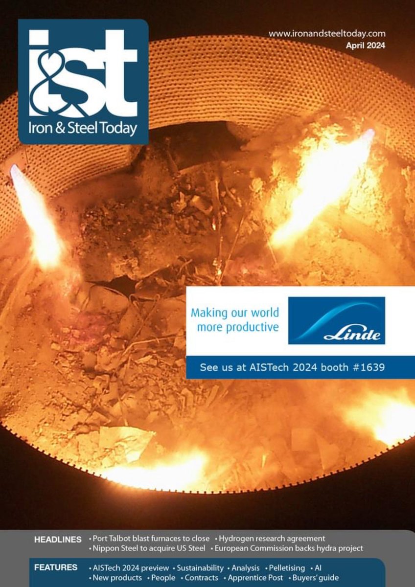 Iron & Steel Today April 2024 front cover courtesy of Linde. The CoJet gas injection system uses an injector nozzle, that delivers a laser-like coherent jet of oxygen at supersonic speeds into the molten bath in an electric arc furnace,  successfully tested with hydrogen as fuel.