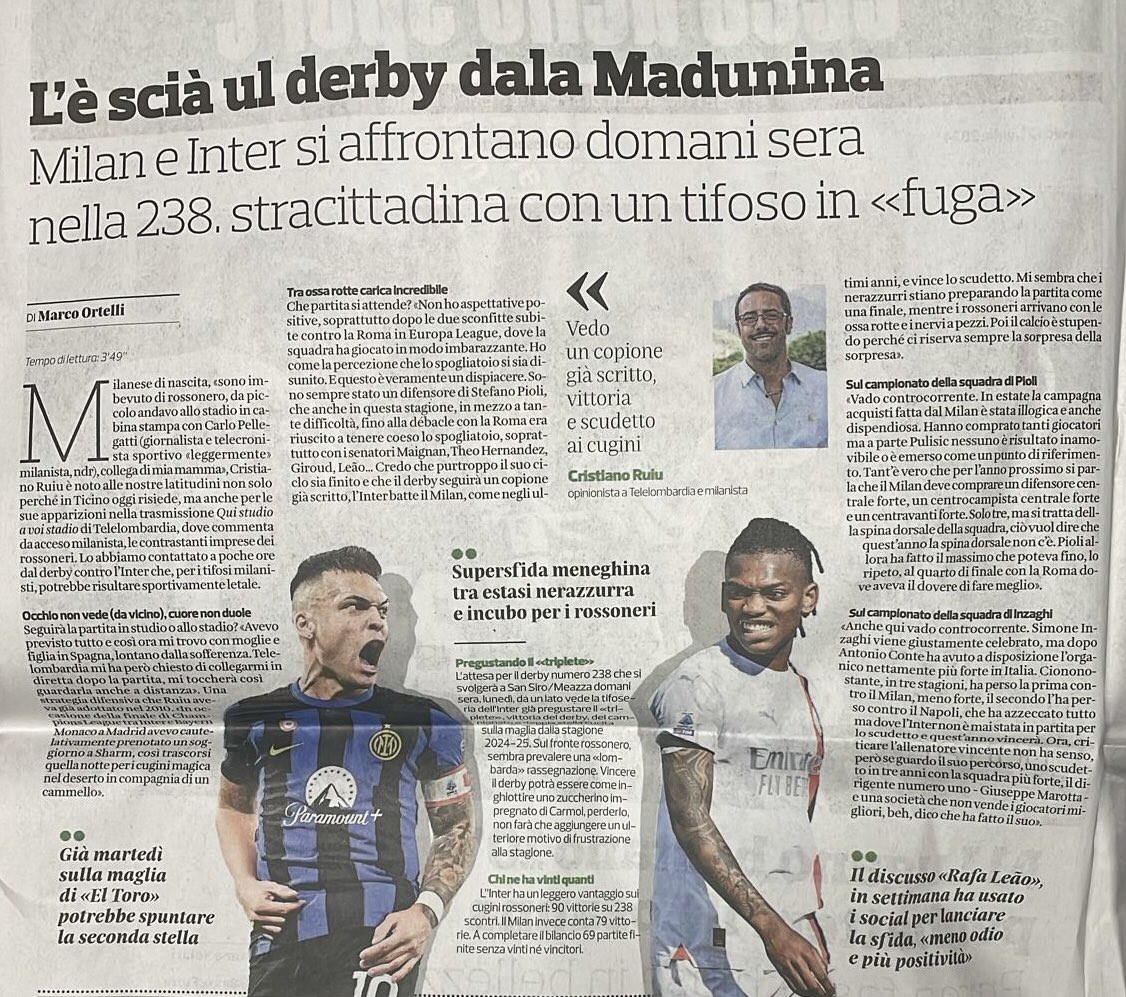 Il derby che non vorrei mai che si giocasse.
Grazie al <a href="/CdT_Online/">Corriere del Ticino</a> per l’intervista