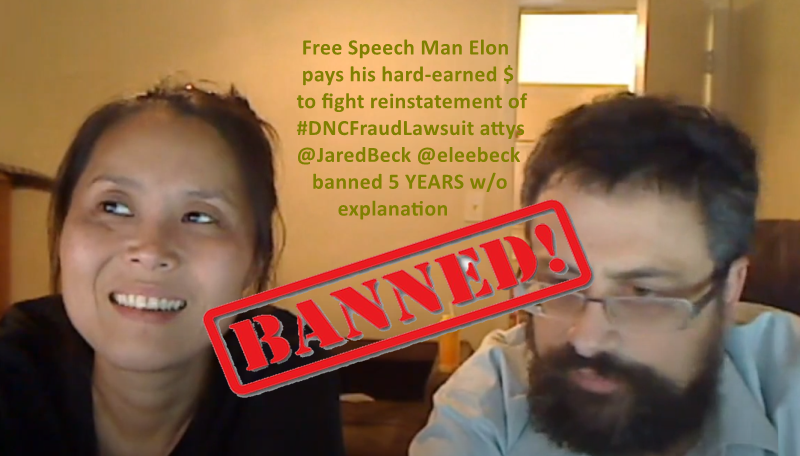 BREAKING: Champions of Free Speech™ @elonmusk and @lindayaX pay lawyers to fight reinstation of #DNCFraudLawsuit attorneys @JaredBeck and @eleebeck, banned back in 2019 with no explanation. I doubt @dom_lucre @infowars would spend even a few moments to advocate for the Becks...