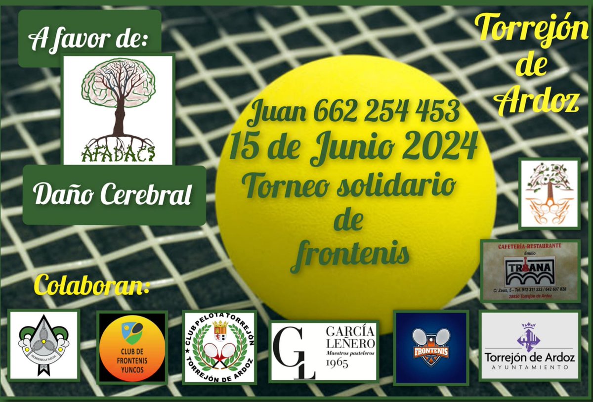 🥎🎾 🅃🄾🅁🄽🄴🄾 
  🅂🄾🄻🄸🄳🄰🅁🄸🄾 🥎🎾

✅ 15 de Junio 2024 ✅

Torneo de frontenis a favor nuestra. Os animamos a participar.

ES07 2100 2718 9913 0016 8853

💚 Gracias a Club Pelota Torrejón y a todos nuestros colaboradores.
<a href="/Ayto_Torrejon/">Ayuntamiento de Torrejón de Ardoz</a>
#AfadacsTorrejón #DCA