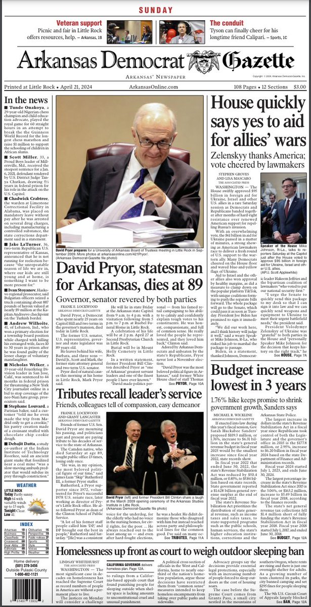 Here is today’s Arkansas Democrat-Gazette front page.