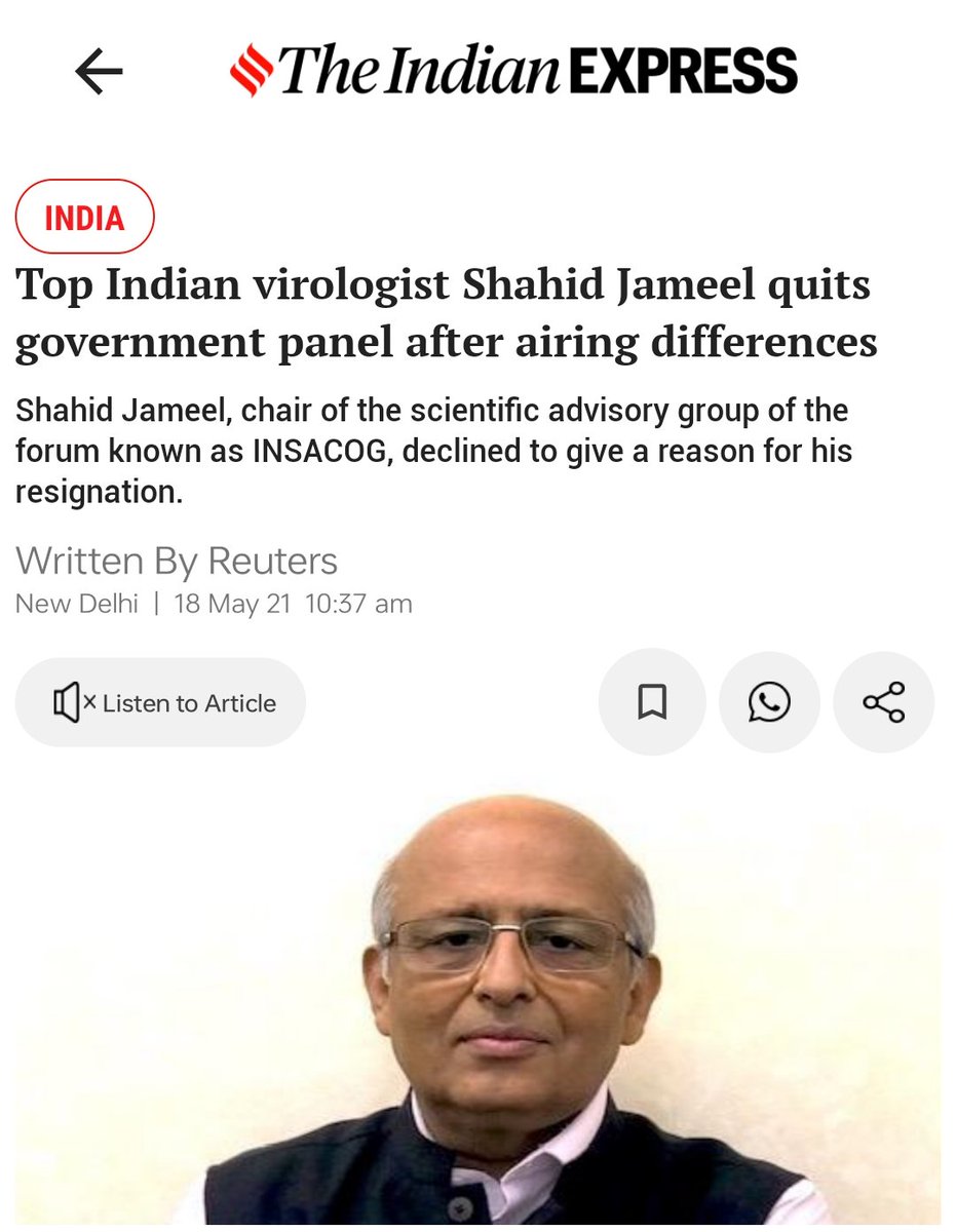 On 16/05/21 India's top virologist, Dr Shahid Jameel resigned from the chair of INSACOG. Why did he resign? Indian SARS-CoV-2 Genomics Consortium (INSACOG). Set up with 10 Govt Labs for genome sequencing on 21/12/20, a nationwide effort to sequence COVID-19 samples. Stay. 1/24