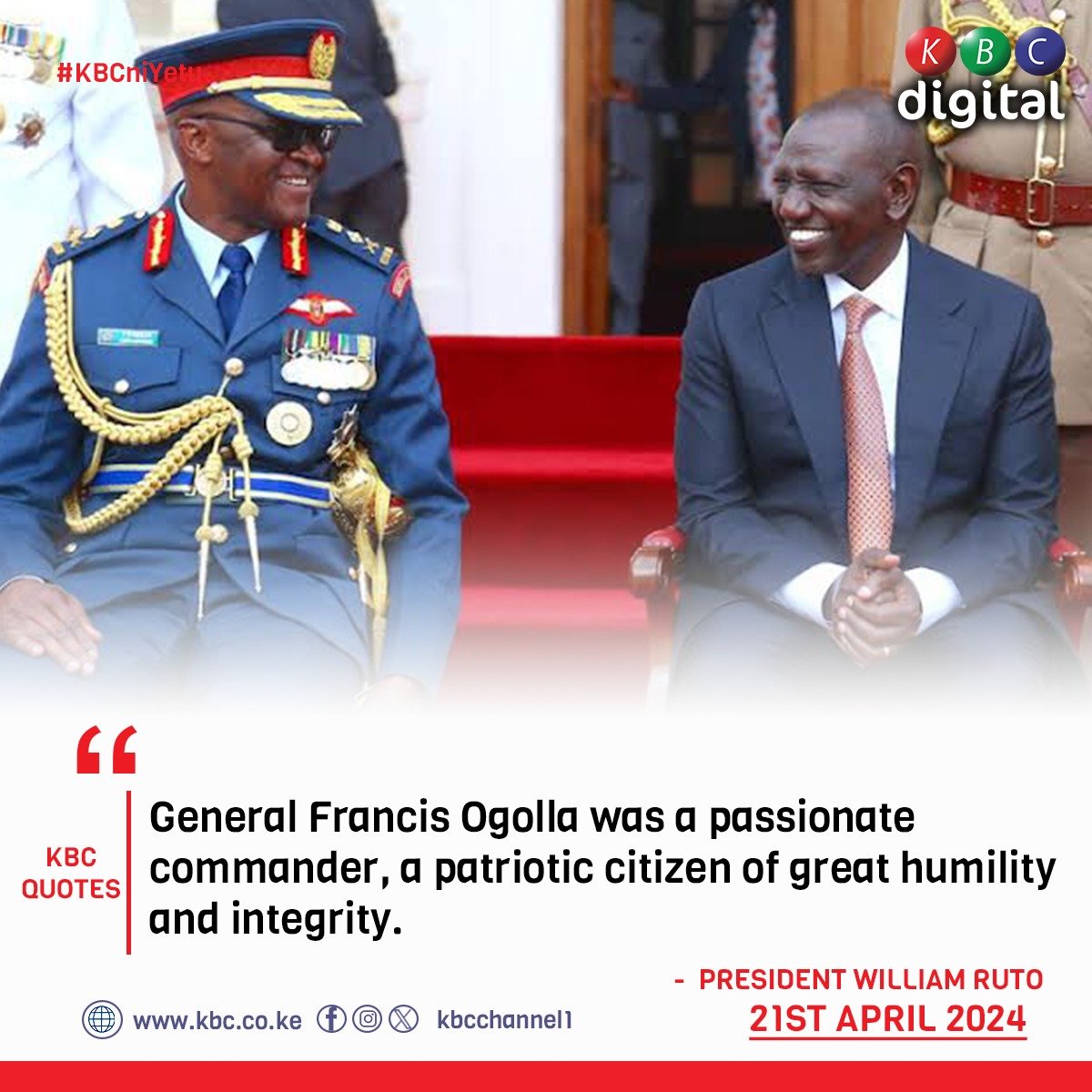 KBCChannel1's tweet photo. "General Francis Ogolla was a passionate commander, a patriotic citizen of great humility and integrity."
- President William Ruto
#KBCniYetu^EM https://t.co/ePUfDa43sE