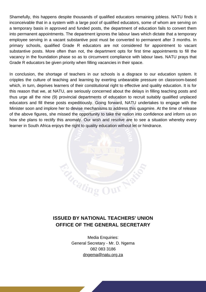 NATU URGES THE DOE TO FILL VACANT EDUCATOR POSTS EXPEDITIOUSLY 🗞️