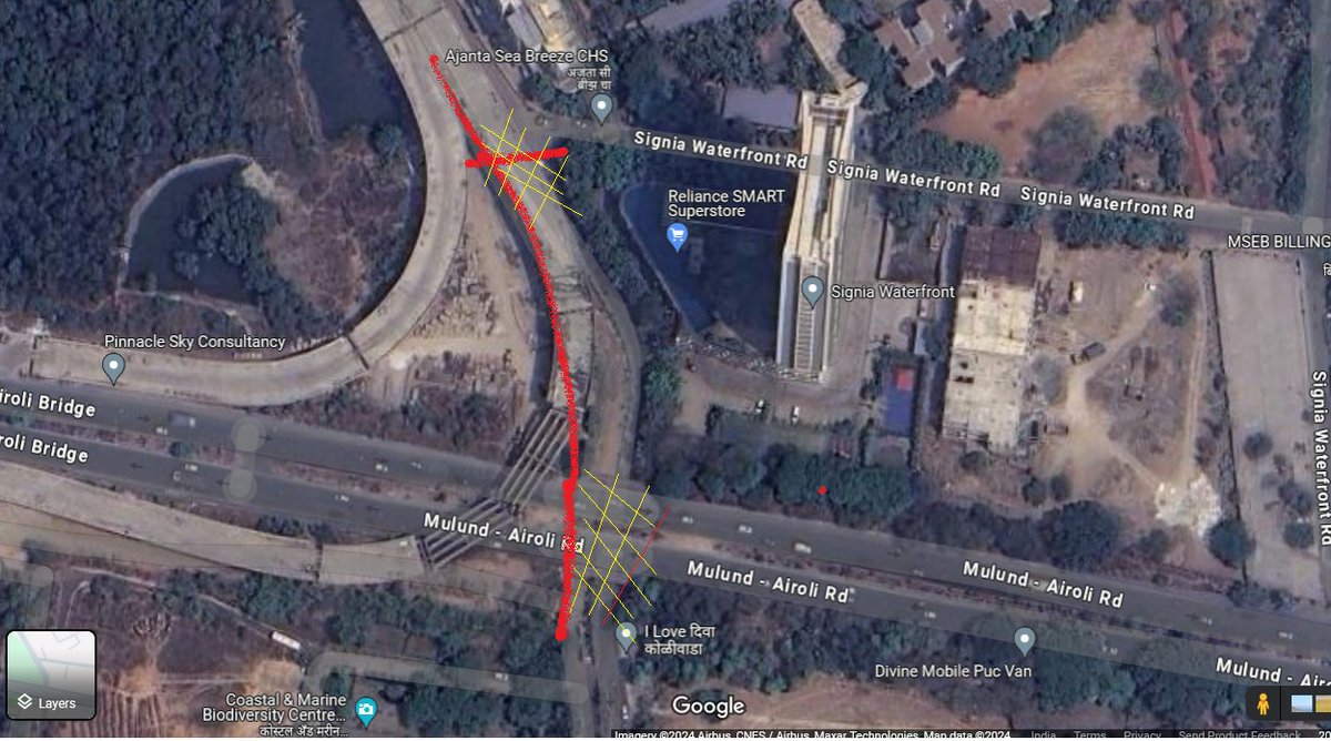 @MMRDAOfficial, you've blocked the stormwater drain in Airoli ( in red ). 
For past two years, waterlogging has been a recurring issue in the area marked with yellow lines. NMMC installed water pumps at my request, but they struggle to flush out the water due to blocked drains.