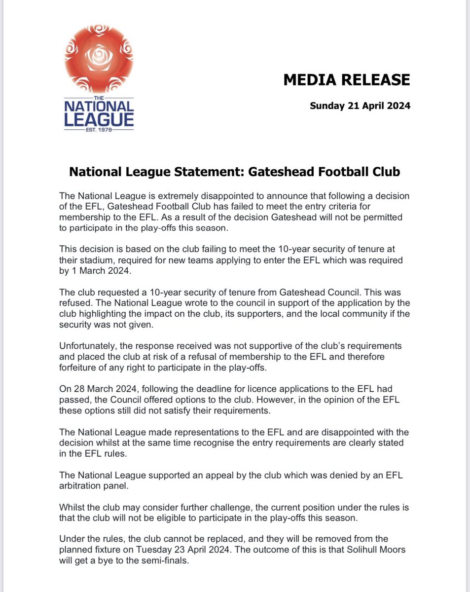 Gateshead not allowed to compete in National League play-offs because “failed to meet entry criteria” for EFL. *Solihull Moors receive bye to the semi-final v Barnet *Altrincham play Halifax Town on Wed - winner will play Bromley in other semi Final at Wembley May 5