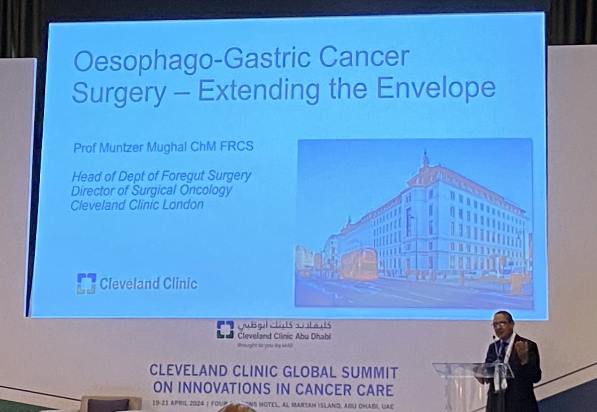 Looking forward to Dr. Muntzer Mughal @muntzer talk on Esophageal-gastric cancer surgery - extending the envelope during the @ClevelandClinic Global Summit on Innovations in Cancer Care in Abu Dhabi. @CleClinicLondon ⁦@CCAD⁩ @grobmys #CleClinicCancer