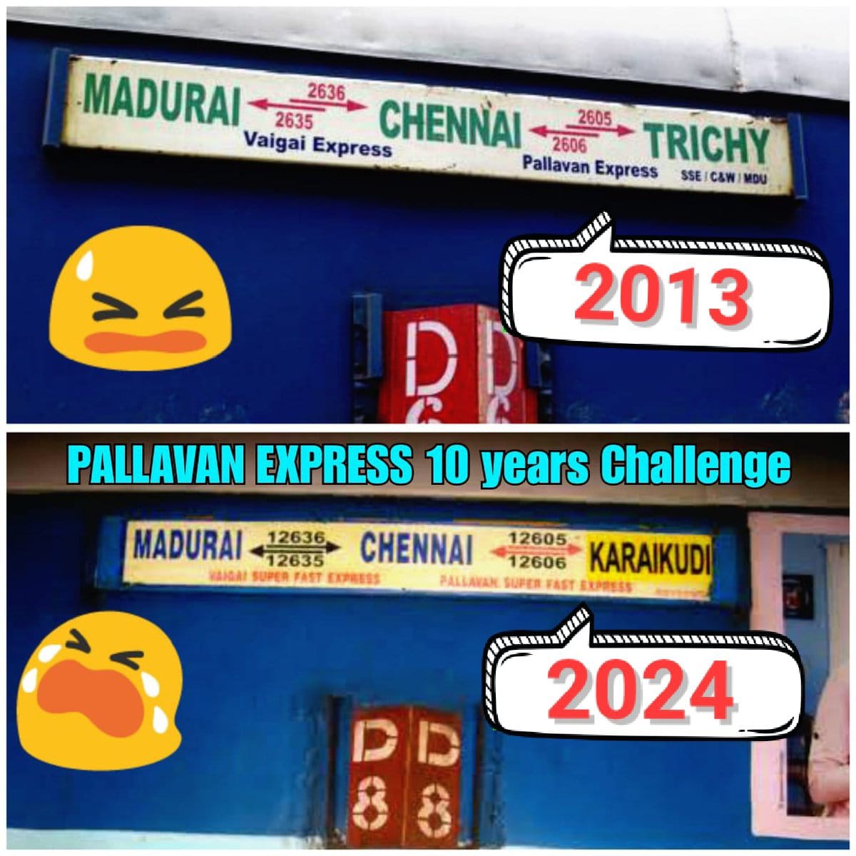 Trichy peoples are suffering without proper seats in pallavan Express . This Extension is Nowhere Justified and its Prime train to Karaikudi . Its a big Blunder which Made Trichy , Srirangam , Lalgudi peoples to suffer . Short terminate pallavan to trichy itself .