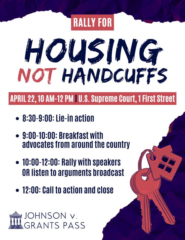 🔊 Who’s ready for tomorrow?! #JohnsonVGrantsPass is the most important case about homelessness in 40+ years. Will you join us outside SCOTUS during the hearing to rally for #HousingNotHandcuffs?