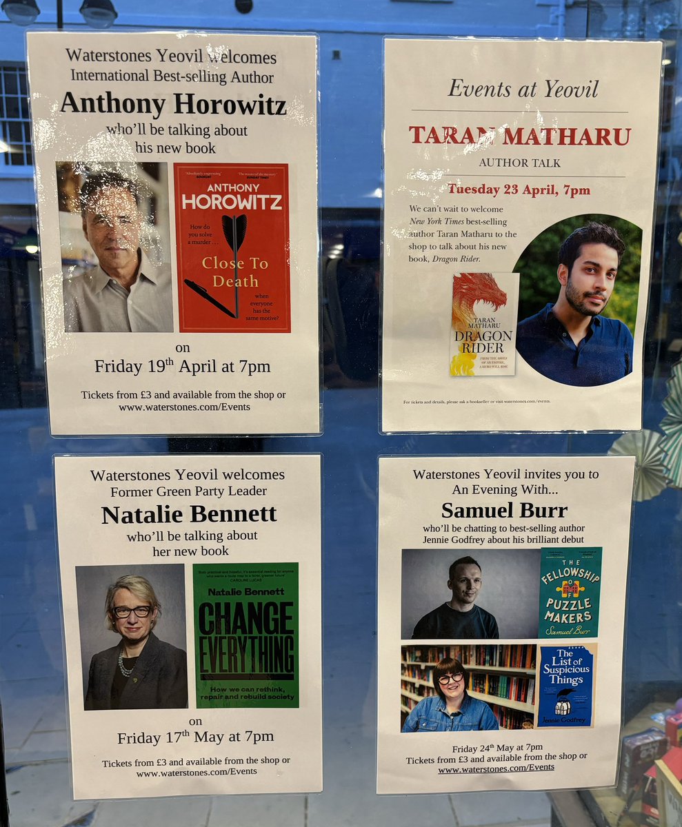 Following on from Anthony Horowitz there are some splendid looking events at @waterstonesyeo with @TaranMatharu1 @natalieben @samuelburr and @jennieg_author adorning the window #booklover #BookTwitter #booktok #bookblogger #bookstagram #booktwt #booktour #booksworthreading