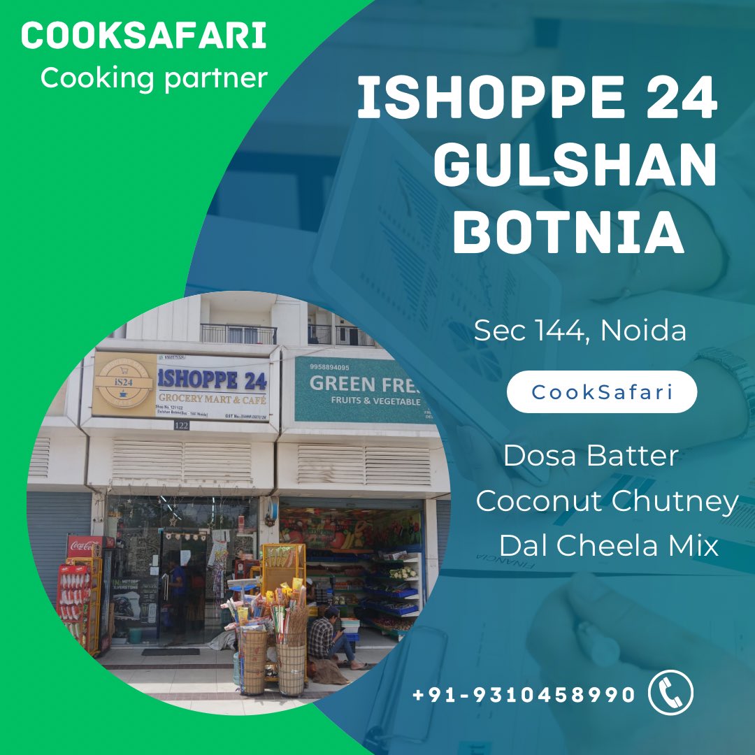 CookSafari's tweet photo. We are available in Ishoppe 24, Gulshan Botnia, Sec 144, Noida 

Cooksafari: your cooking partner ensures hassle free cooking experience 

Cook fresh with Cooksafari 

#cooksafari #readytocook #hasslefree #cookingpartner #dosa #chutney #cheela #breakfast #gulshanbotnia https://t.co/8Z0exGRDy7