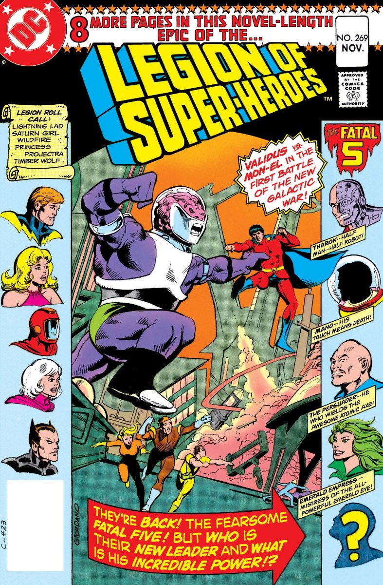 Have I mentioned yet much I absolutely love roll calls in comics? ☺️ Something about them is so welcoming when you start an issue. And this one is right on the cover! (Legion of Super-Heroes #269 Cover - Art by Dick Giordano) #LegionOfSuperHeroes #dccomics