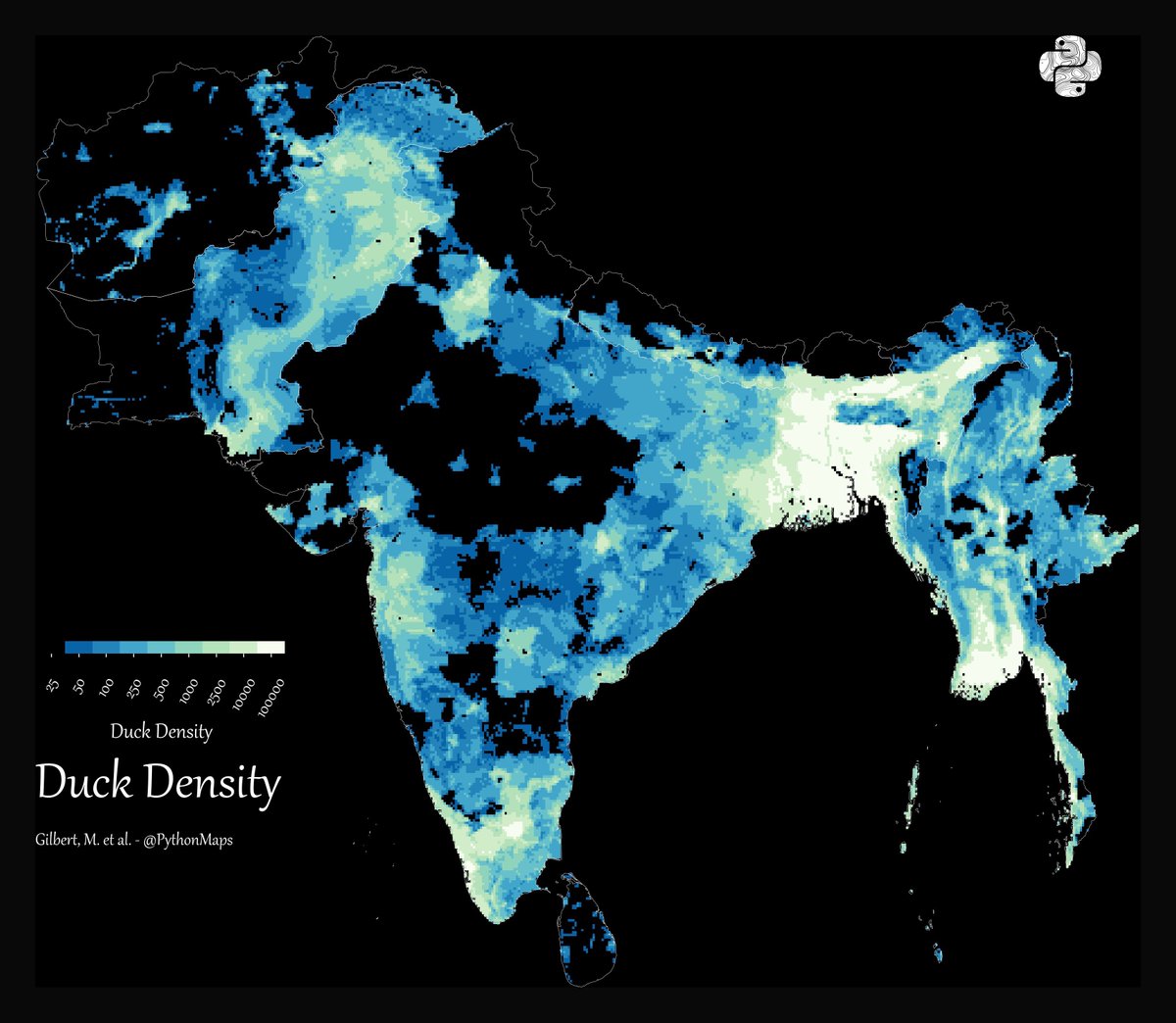 Duck density map of South Asia. @Pythonmaps continues to find the most random and yet interesting datasets to map.