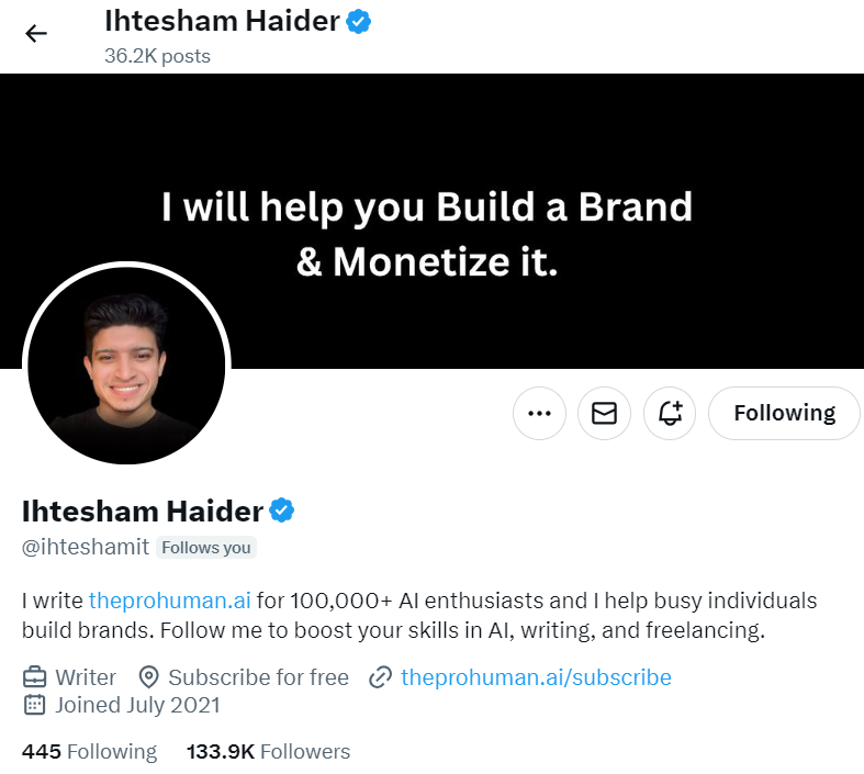 This is Ihtesham Haider.

In under 2 years.

He built an Audience of 134,000 followers and hit multiple $10k months.

Follow his 4 strategies, if you want to build an Audience fast and monetize