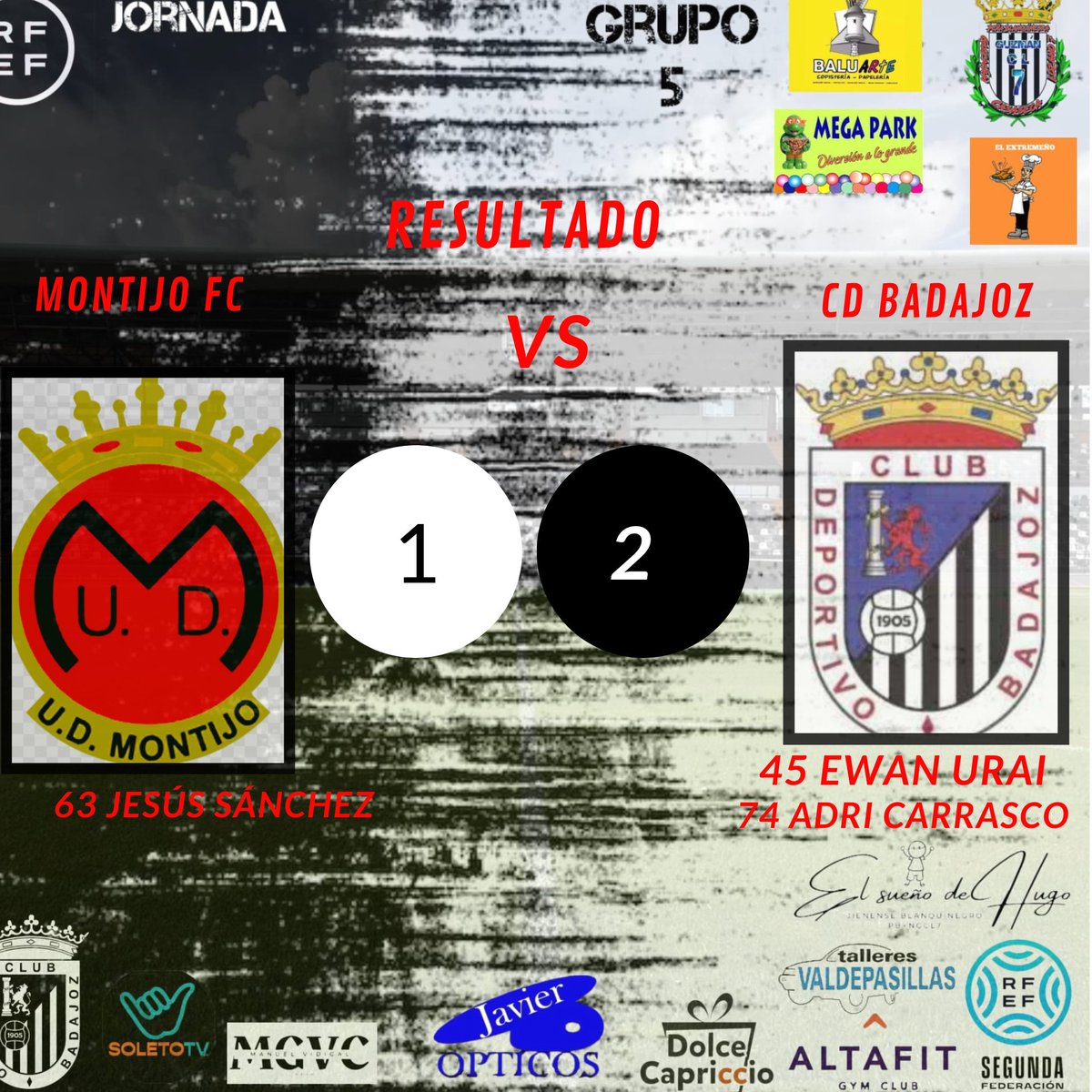 ByLozano7's tweet photo. #2REF/#GrupoV
Grupo 5 Jornada 32
Resultado#MontijoCFCDBadajoz
Colaboración: @daniisoleto_ & @vidigalmanolo
Patrocinio: @javieropticos @alextremeno @valdepasillas @dolcecapriccio @copisteria_baluarte @altafitbadajoz
#PeñaByNGCL7 https://t.co/xgx8BRssNd