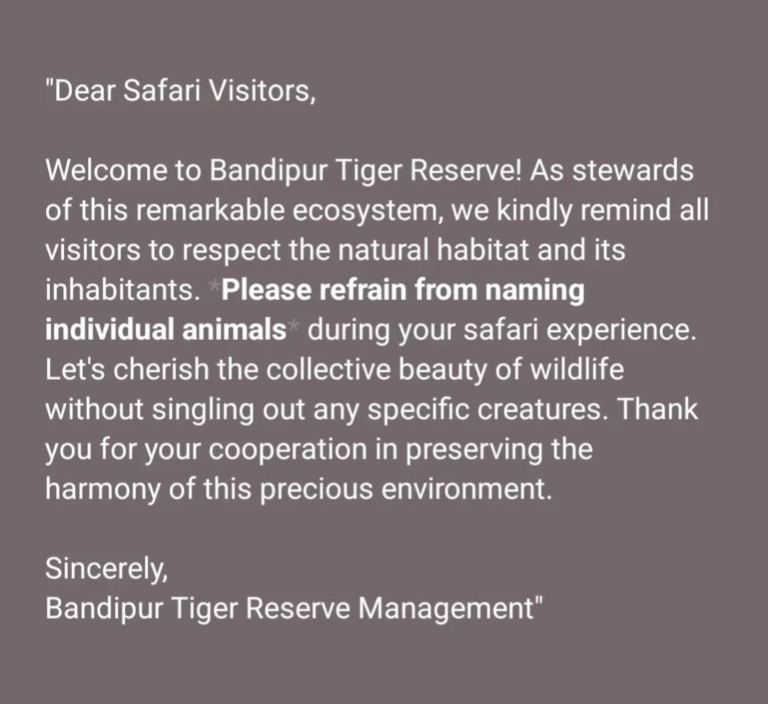 Good message by @Bandipur_TR 
This must be circulated to all the photographers who are responsible for naming individual animals in the safari area.
@aranya_kfd @AmitSUpadhye @cksaysso @nkaggere @BoskyKhanna @ns_subhash @garimaprasher @Eletell @TheWesternGhat @Bnglrweatherman