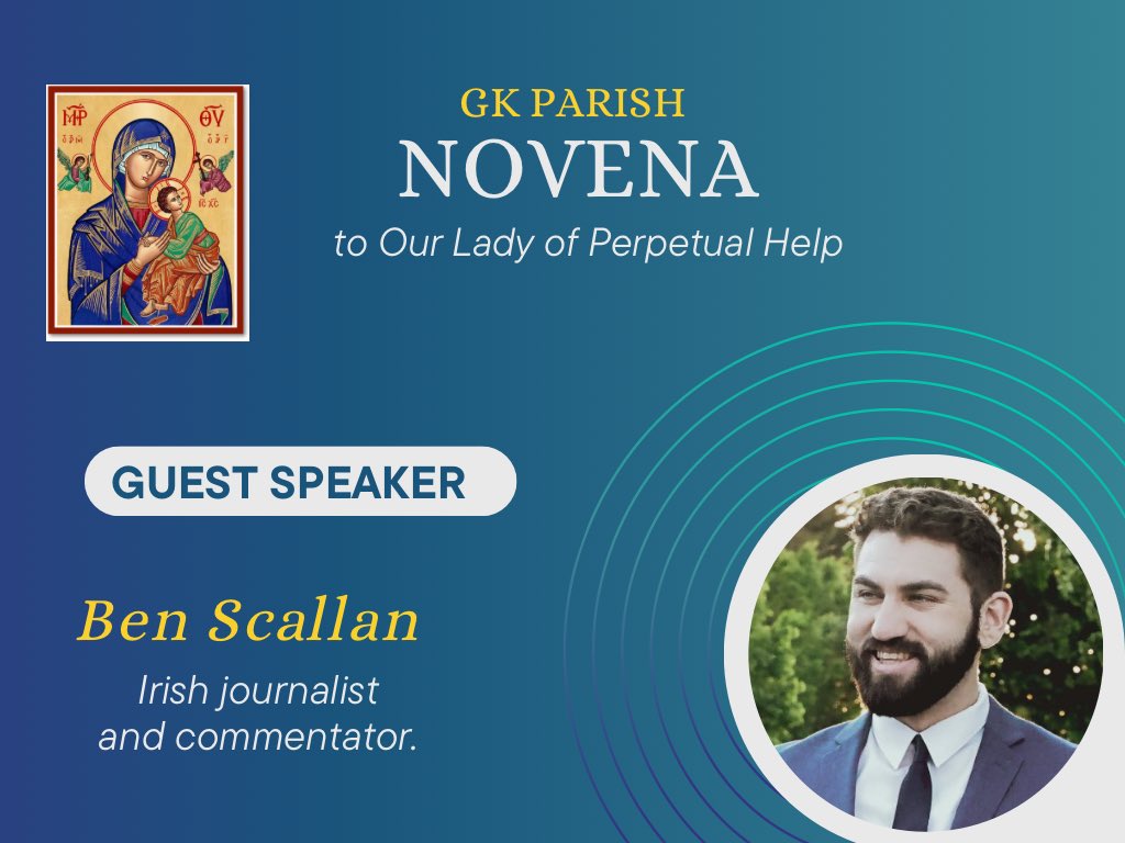 Our Guest Speaker for tomorrow night’s Novena is @Ben_Scallan and we are very much looking forward to hearing his testimony of faith.