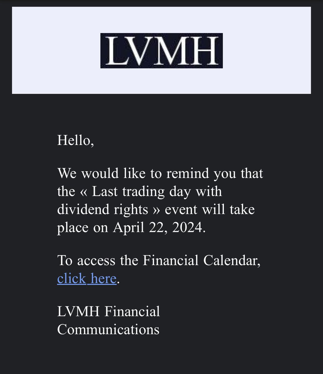 Ex dividend day!

LVMH would like to remind you that the « Last trading day with dividend rights » event will take place on April 22, 2024.

Dividend payment €7.50