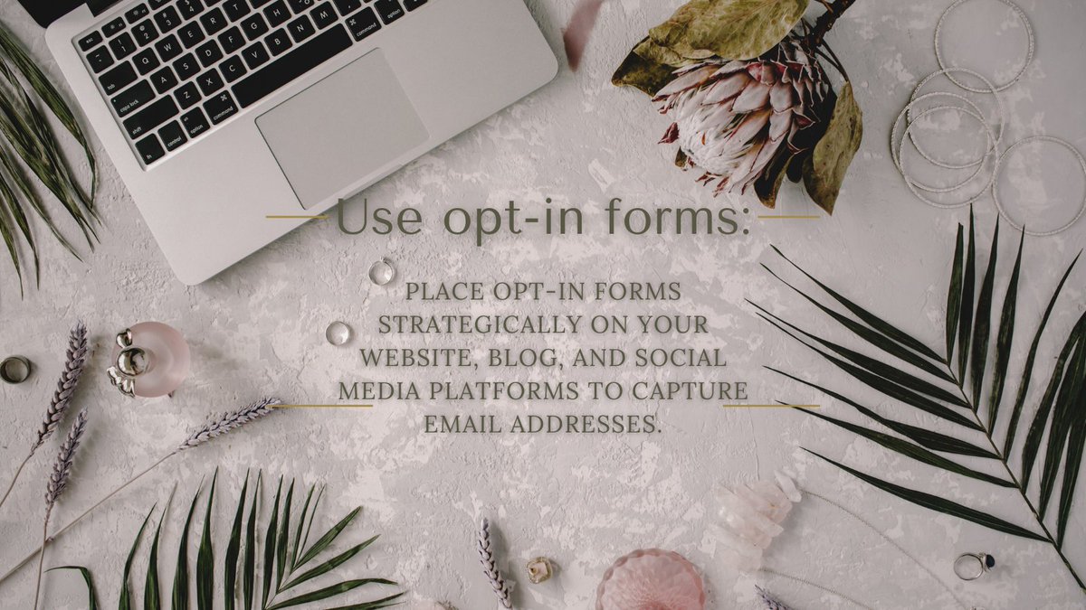 Use opt-in forms: 

Place opt-in forms strategically on your website, blog, and social media platforms to capture email addresses.

#EmailMarketing #DigitalMarketing #EmailCampaigns #MarketingStrategy #EmailSuccess #TargetedEmails #EmailEngagement #EmailROI #EmailMarketingTips