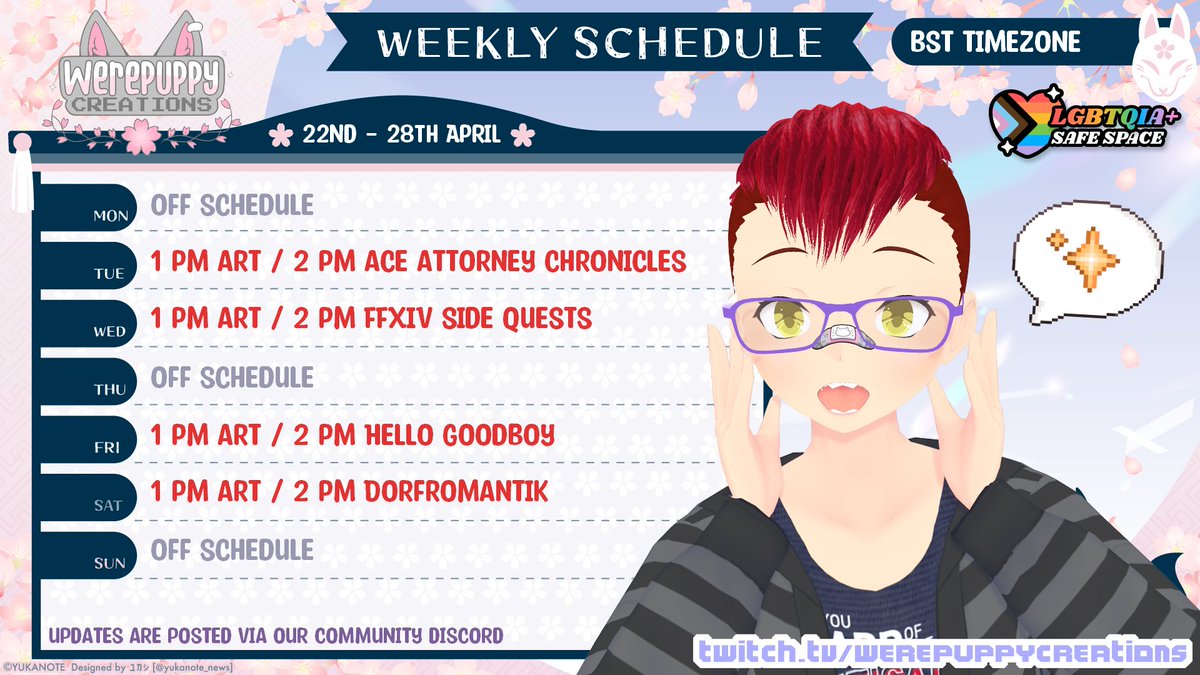 Schedule time! Here's how the next week is looking;

Tues; More Ace Attorney
Wed; More Delivery Moogle Mail quests
Fri; Playing Hello Goodboy, that was gifted to me by Sekt
Sat; Playing Dorfromantik, that was gifted to me by Triage

Twitch.tv/werepuppycreat…