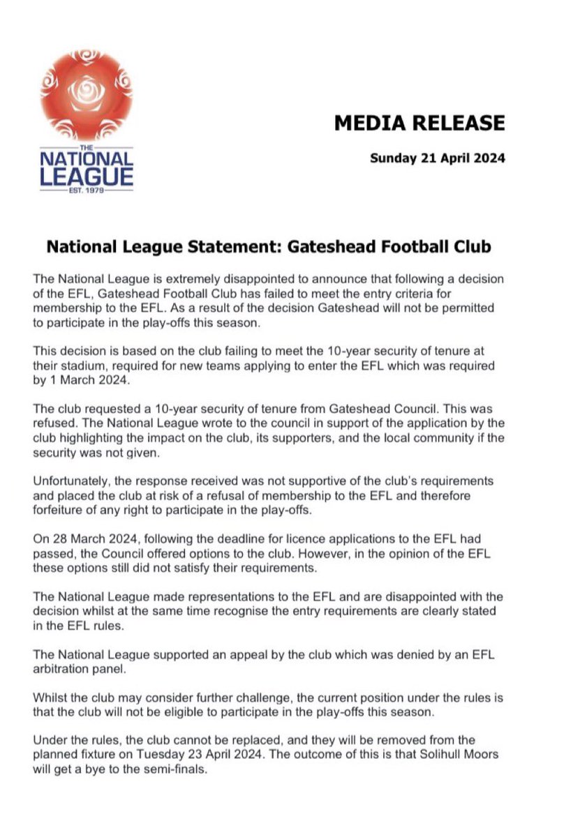 🚨 Gateshead have been kicked out of the play-offs by the EFL and National League because their council will not sanction a guarantee that they will remain at their stadium for the next 10 years. Punched massively above their weight with a minimal budget, and all the hard work
