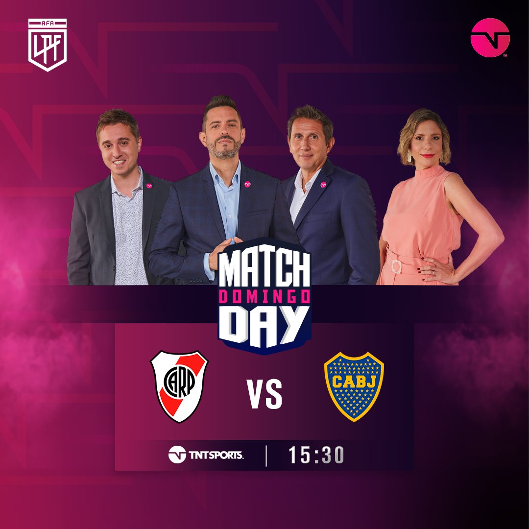 DOMINGO DE SUPERCLÁSICO ⚽ Desde las 15:30 horas, no te pierdas River vs. Boca por la pantalla de TNT Sports 🤝 🎙 @giraltpablo - @JPVarsky - @maxigrillo - @Angelalerena #LPFxTNTsports