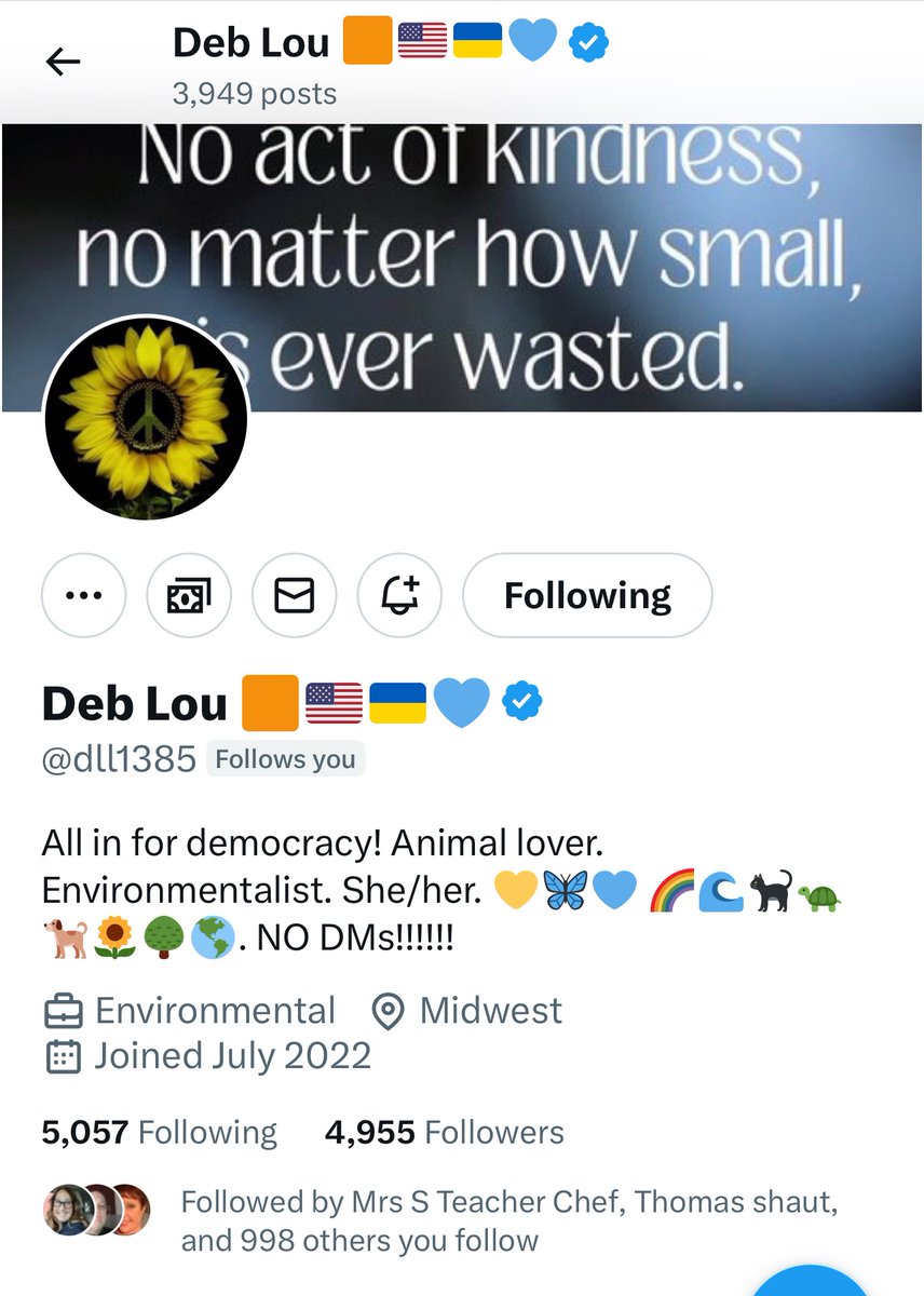 Deb @dll1385 only needs 45 more likeminded followers to reach 5K 💙REPOST🏆