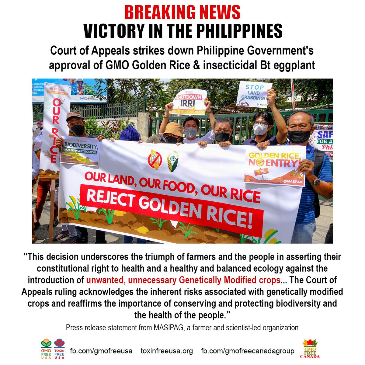 Philippines' Court of Appeals separated fact from fiction acknowledging the inherent risks associated with #GMO crops and 'reaffirms the importance of conserving and protecting biodiversity and health of the people.'
