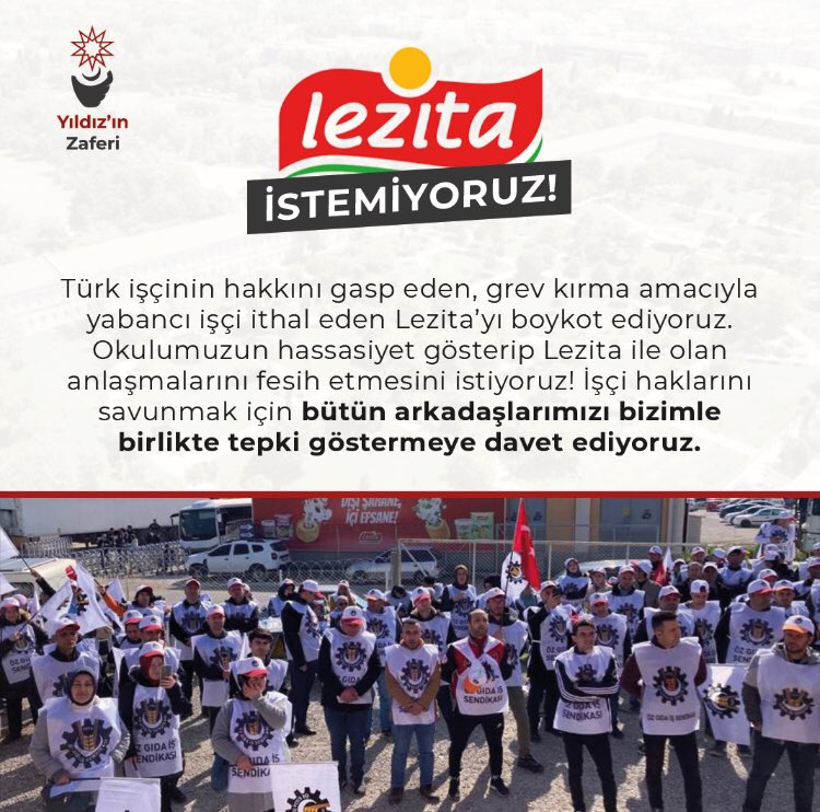 Üniversitemizde haklarını savunan işçilerin grevlerini ithal işçi ile kıran Lezita’nın ürünlerinin üniversitemizde kullanılmasını istemiyoruz #LezitaDirenişi #yıldıztekniküniversitesi