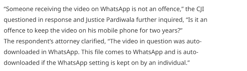 The case was against 28 year old man,who claims video was sent by someone and it was auto downloaded in his phone. Supreme court is the highest level court in India, ruled against the Madras high court descision, which was taken without understanding the entire case properly.
1/n