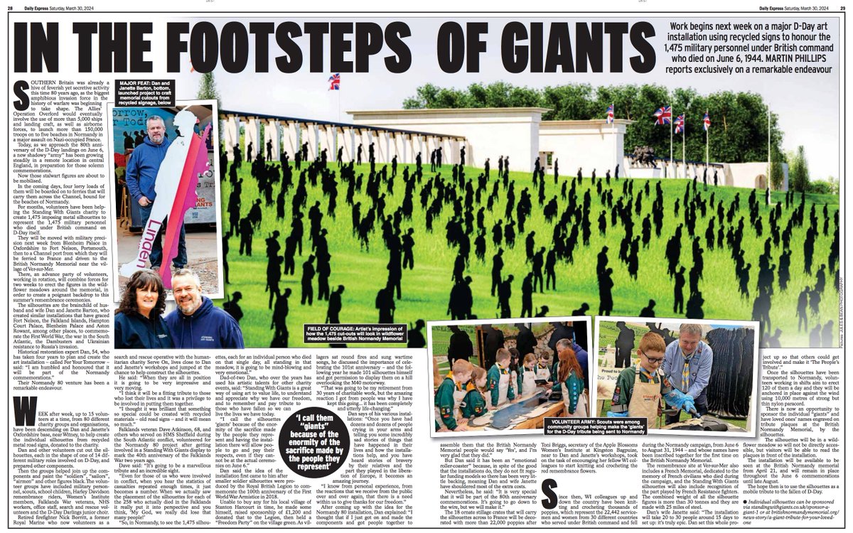 ICYMI, Martin Phillips wrote brilliantly for #ExpressFeatures a few weeks ago on the remarkable #StandignWithGiants project to honour the 1,475 fallen under British command on D-Day. Volunteers have now started putting up the figures... and they look ace. bbc.co.uk/news/uk-englan…