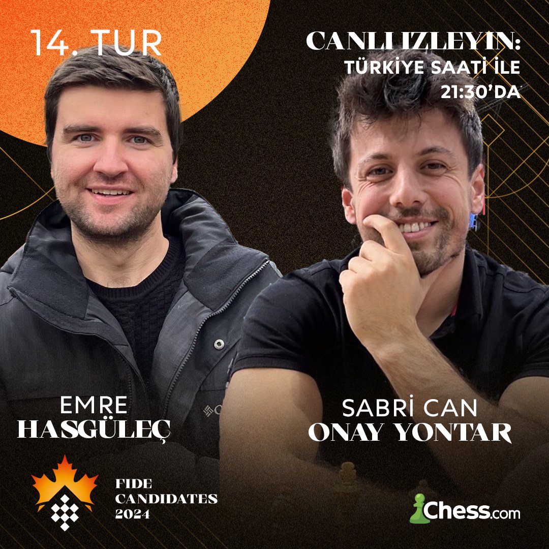 Adaylar Turnuvasında Son Tur Bu Akşam! Gukesh, Nakamura, Nepo ve Caruana'nın dünya şampiyonuna meydan okuma mücadelesini Sabri Can Onay Yontar ve Emre Hasgüleç'in anlatımlarıyla Chess24 Türkçe YouTube ve Twitch kanallarından izleyebilirsiniz.