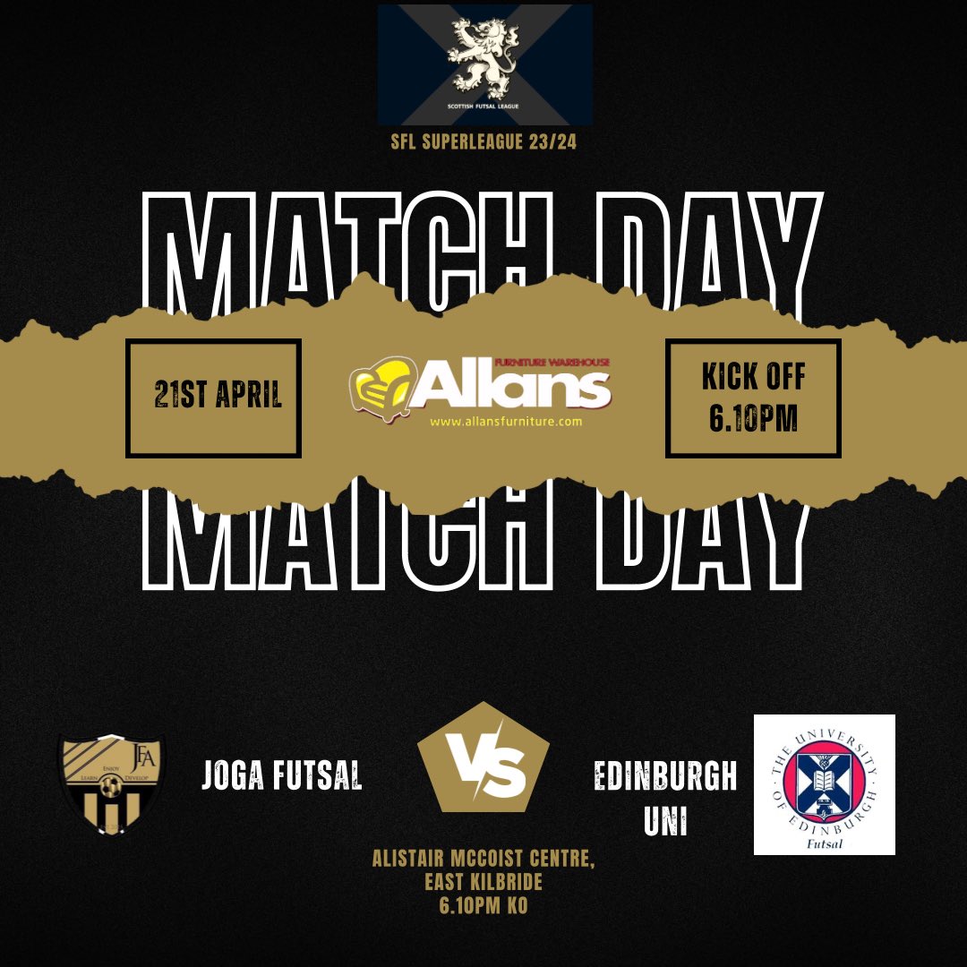 Match day for our First Team💛 We welcome @UofEFutsal to Ally Mccoist Centre in East Kilbride for our final home game of the season. Get along to support our young team. @sfl_superleague